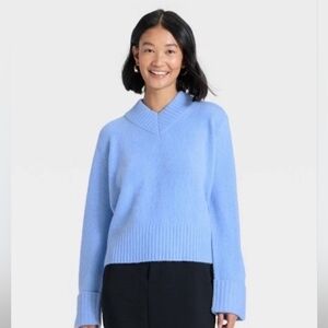 Women's Long Sleeve V-Neck Cozy Knit Boxy Pullover Sweater - A New Day™ Blue XS